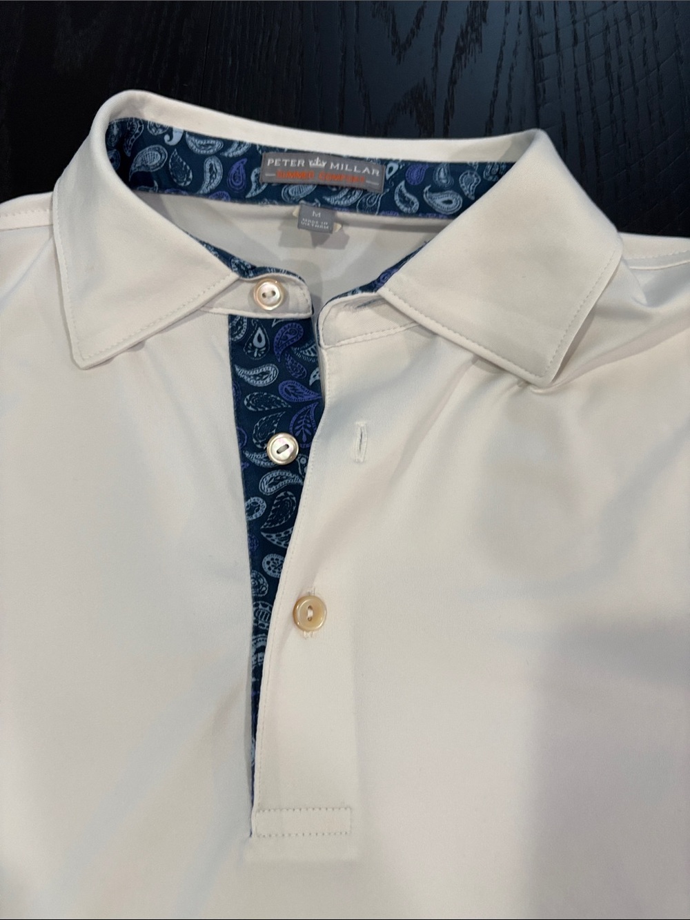 Peter Millar Summer Comfort Men’s White Polo with Navy Paisley Trim